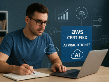 Young man studying for AWS Certified AI Practitioner exam on laptop, taking notes with AI and cloud technology icons in background.