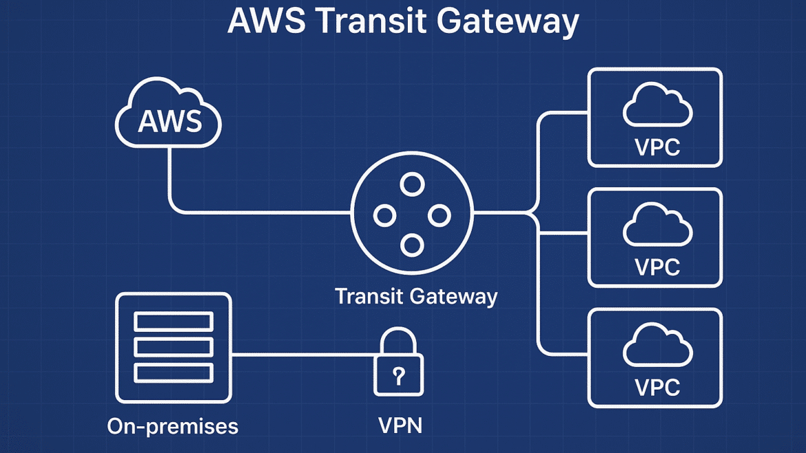 AWS Transit Gateway hub-and-spoke network architecture diagram, illustrating VPCs, on-premises connectivity, and centralized routing for advanced networking certification preparation.