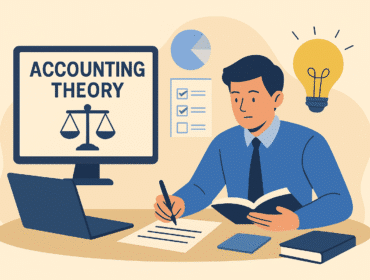 A student studying accounting theory with books, laptop, and notes while preparing for the Accounting Theory Applications Exam