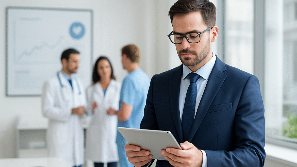 A modern healthcare manager in a suit reviewing reports on a tablet inside a hospital office. Background shows medical charts and a team of doctors in discussion. Professional, bright, career-oriented style.