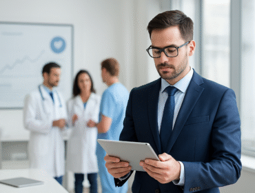 A modern healthcare manager in a suit reviewing reports on a tablet inside a hospital office. Background shows medical charts and a team of doctors in discussion. Professional, bright, career-oriented style.