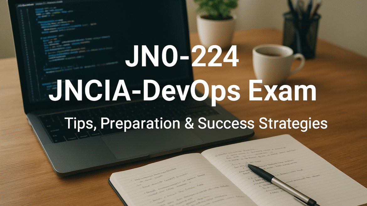 JN0-224 JNCIA-DevOps exam preparation with laptop, notes, and coding workspace for Juniper certification candidates.