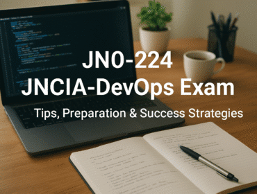 JN0-224 JNCIA-DevOps exam preparation with laptop, notes, and coding workspace for Juniper certification candidates.