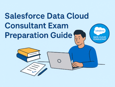 Illustration of a professional preparing for the Salesforce Data Cloud Consultant exam, with laptop, books, checklist, and certification badge.