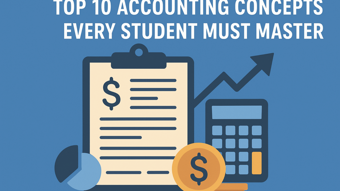 Illustration of accounting books, calculator, and study notes representing top accounting concepts for students preparing for exams