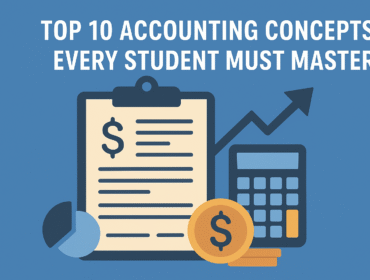 Illustration of accounting books, calculator, and study notes representing top accounting concepts for students preparing for exams