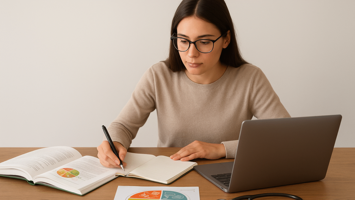 Focused student preparing for the Canadian Dietitian Registration Exam with laptop, nutrition textbook, food guide chart, and stethoscope on desk.