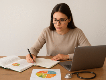Focused student preparing for the Canadian Dietitian Registration Exam with laptop, nutrition textbook, food guide chart, and stethoscope on desk.