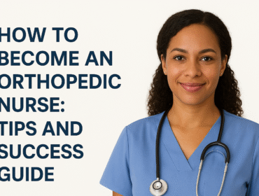 Professional orthopedic nurse in blue scrubs with stethoscope, smiling confidently, alongside title text: How to Become an Orthopedic Nurse: Tips and Success Guide. Clean wide banner design suitable for medical blog.