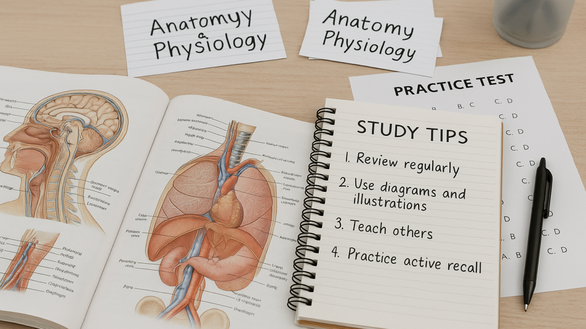 Study desk setup for Anatomy and Physiology exam preparation showing an anatomy textbook with diagrams, study tips notebook, flashcards, and practice test.