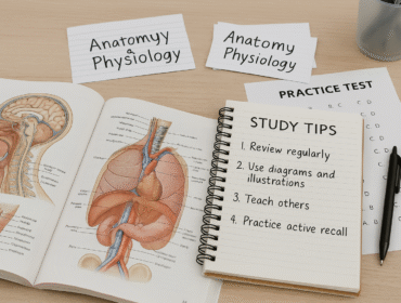 Study desk setup for Anatomy and Physiology exam preparation showing an anatomy textbook with diagrams, study tips notebook, flashcards, and practice test.