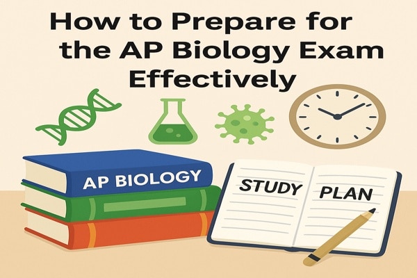 Professional banner showing AP Biology exam preparation tips with DNA helix and microscope graphics, representing study strategies and practice resources