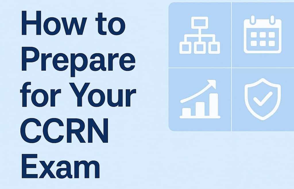 Preppool.com branded banner with the title How to Prepare for Your CCRN Exam, featuring clean icons of a chart, calendar, growth graph, and shield in blue and white tones.