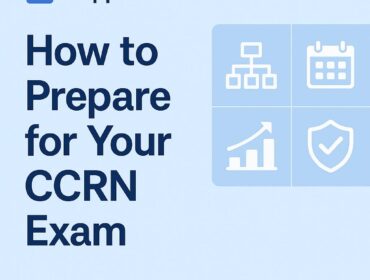Preppool.com branded banner with the title How to Prepare for Your CCRN Exam, featuring clean icons of a chart, calendar, growth graph, and shield in blue and white tones.