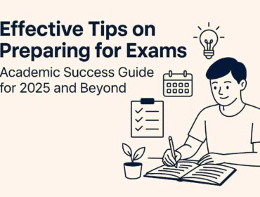 Blog header image showing a student studying at a desk with books, checklist, calendar, and lightbulb icons, titled Effective Tips on Preparing for Exams: Academic Success Guide.
