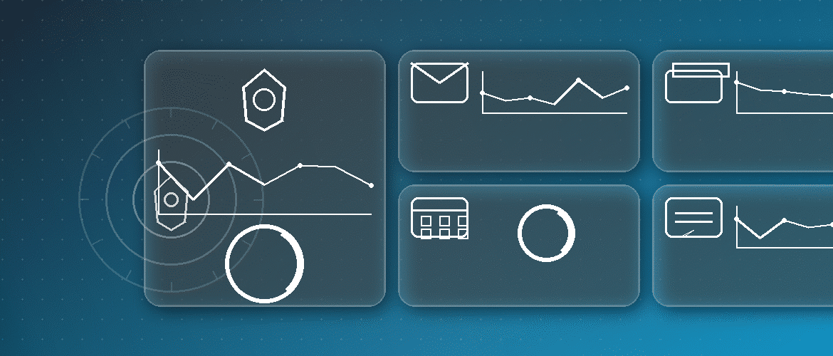 Professional header for Associate Google Workspace Administrator content featuring glass-style dashboard panels for Gmail, Drive, Calendar, Meet, Chat, and security metrics on a blue–teal gradient background.