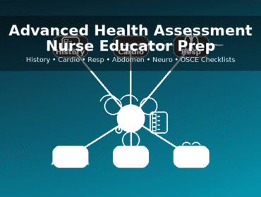 Professional header for “Advanced Health Assessment for Nurse Educators,” showing a client-centered hub linked to History, Cardio, Respiratory, Abdomen, Neuro, and OSCE nodes—highlighting system exams, diagnostic reasoning, and educator-focused checklists.