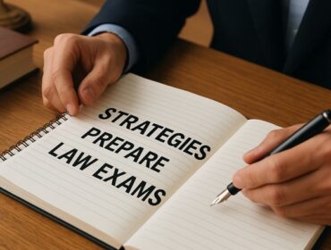 Law student preparing for exams with open law books, notes, and scales of justice on desk – strategies for how to study for law school finals and revise effectively.