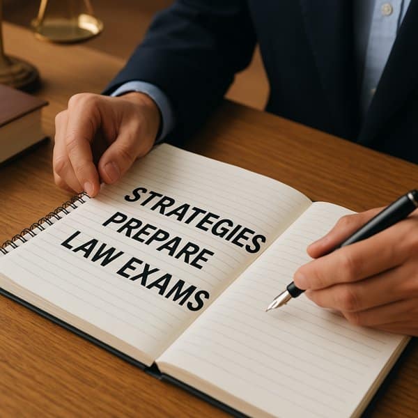 Law student preparing for exams with open law books, notes, and scales of justice on desk – strategies for how to study for law school finals and revise effectively.
