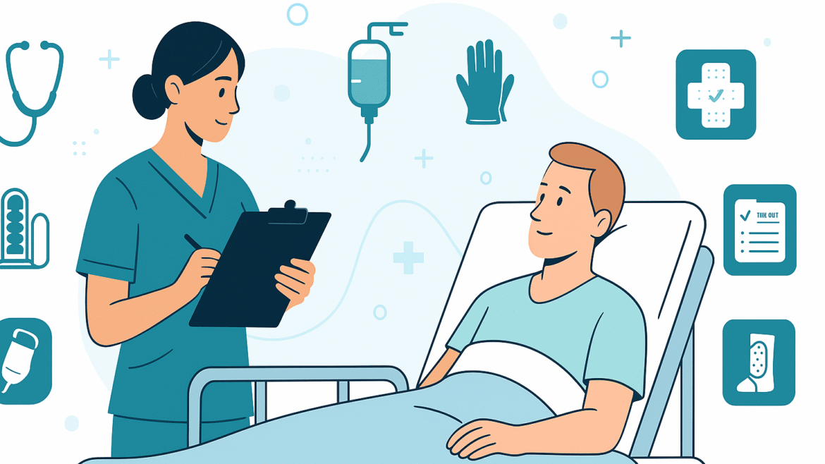 NCLEX care of surgical patients—perioperative nurse with clipboard preparing patient for surgery; icons for IV line, sterile gloves, and safety checklist.