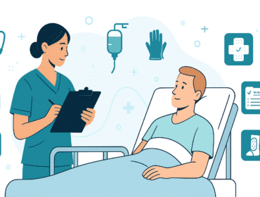 NCLEX care of surgical patients—perioperative nurse with clipboard preparing patient for surgery; icons for IV line, sterile gloves, and safety checklist.