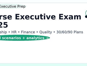 Professional Nurse Executive exam preparation graphic with headline and CTA