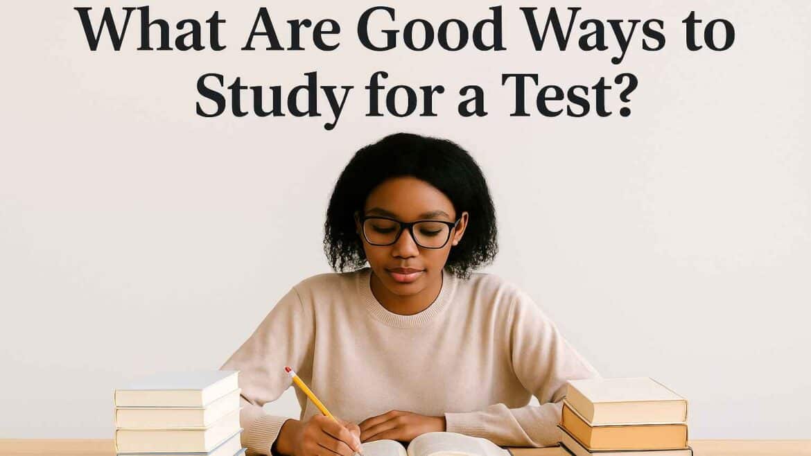 Student studying at a desk with open books and the title text “What Are Good Ways to Study for a Test” above her, representing exam preparation.