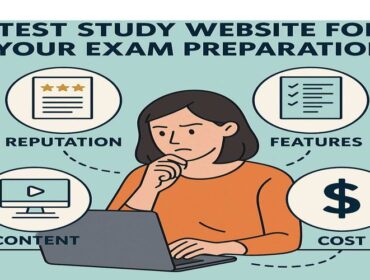 Illustration of a student using a laptop to choose the best test study website, surrounded by icons for reputation, features, content, and cost with the title 'How to Choose the Best Test Study Website for Your Exam Preparation.
