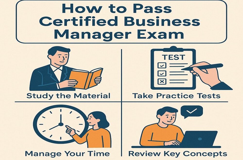 Infographic guide on how to pass the Certified Business Manager Exam, showing four key strategies: Study the Material, Take Practice Tests, Manage Your Time, and Review Key Concepts, illustrated with icons of a book, checklist, clock, and laptop