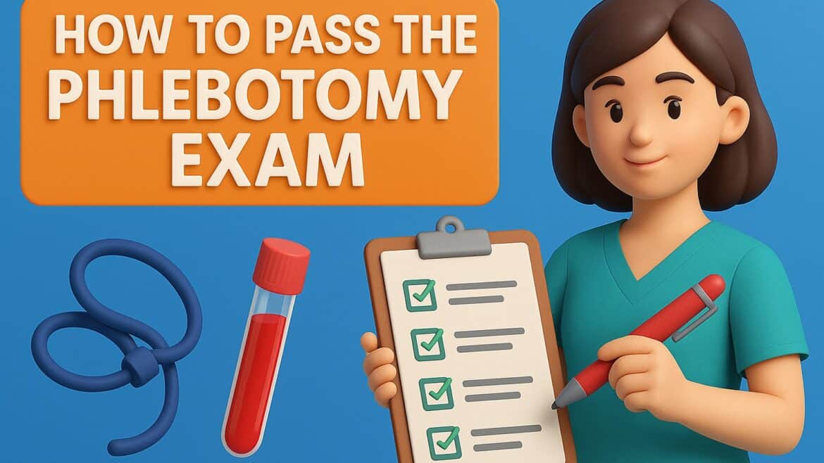 3D illustration of a female medical student in teal scrubs holding a clipboard with a checklist and red pen, standing beside a tourniquet and blood sample tube. The title “How to Pass the Phlebotomy Exam” appears in bold white text on an orange banner over a blue background.