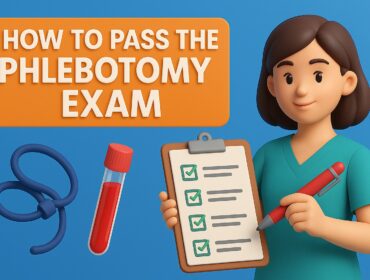 3D illustration of a female medical student in teal scrubs holding a clipboard with a checklist and red pen, standing beside a tourniquet and blood sample tube. The title “How to Pass the Phlebotomy Exam” appears in bold white text on an orange banner over a blue background.