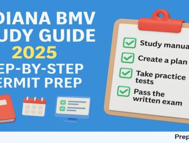 Indiana BMV Study Guide 2025 infographic showing step-by-step permit preparation tips — study manual, create a plan, take practice tests, and pass the written exam, with PrepPool.com branding.