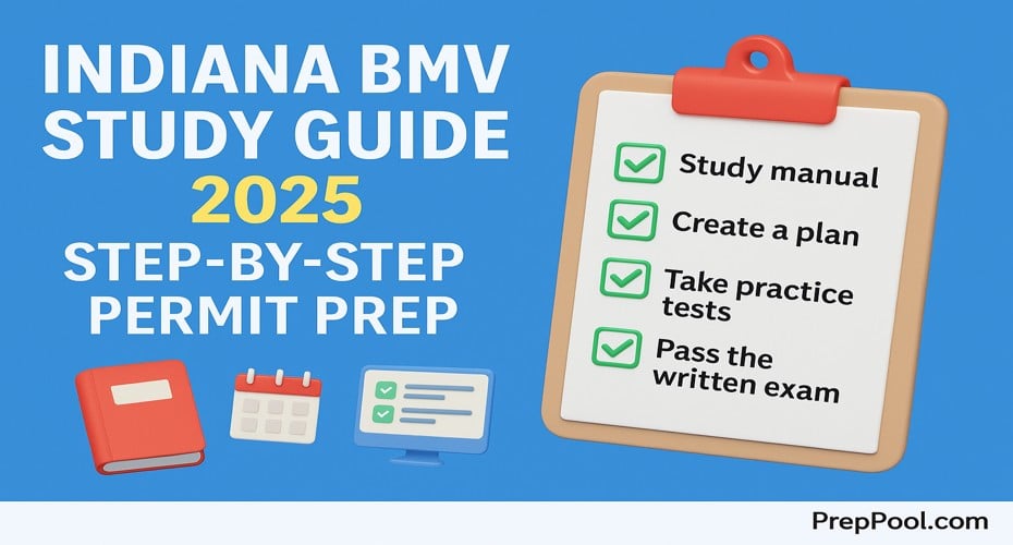 Indiana BMV Study Guide 2025 infographic showing step-by-step permit preparation tips — study manual, create a plan, take practice tests, and pass the written exam, with PrepPool.com branding.
