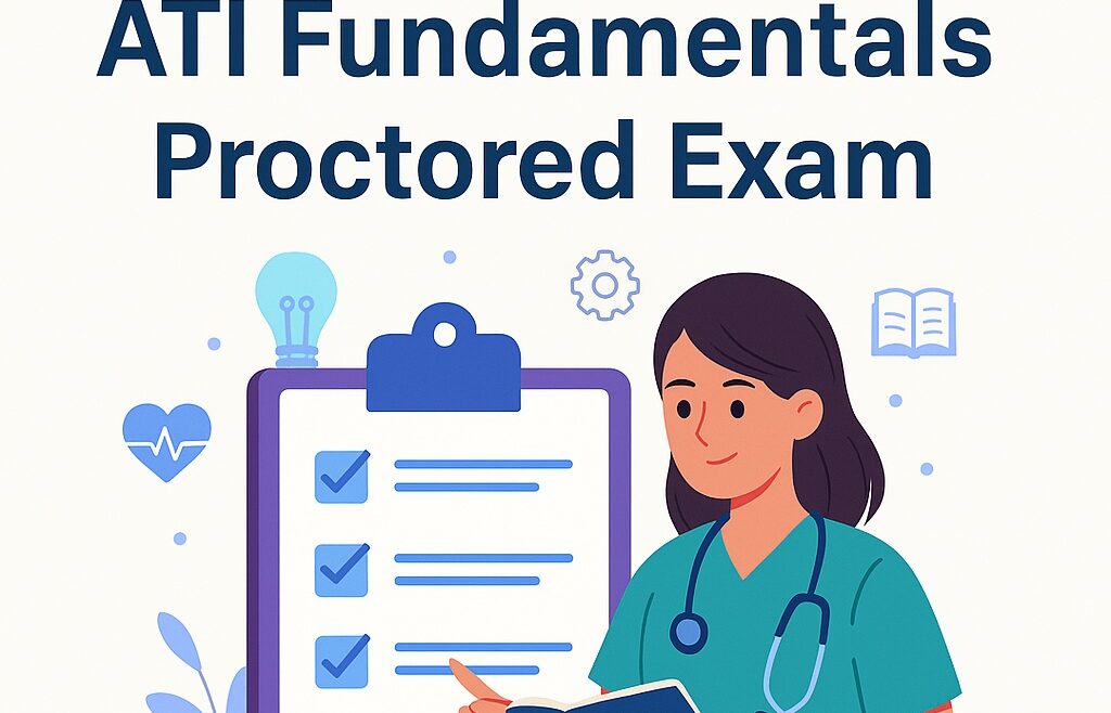 Nursing student studying ATI Fundamentals practice questions on a laptop with notes and coffee, educational blog thumbnail for PrepPool.com featuring blue and white background and © PrepPool.com text.