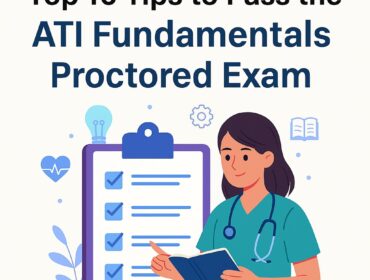 Nursing student studying ATI Fundamentals practice questions on a laptop with notes and coffee, educational blog thumbnail for PrepPool.com featuring blue and white background and © PrepPool.com text.