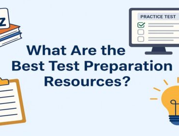 Banner image with books, laptop, exam sheets, and study icons highlighting the blog title “Best Test Preparation Resources” on PrepPool.