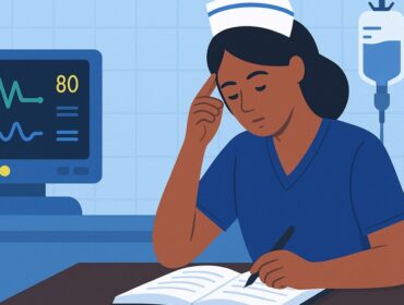 CCRN study banner — ICU nurse reviewing notes beside patient monitor and IV pump, clean blue palette