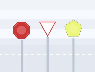 Illustration of Indiana road signs—STOP octagon, YIELD triangle, and SCHOOL ZONE pentagon—on a roadway banner for an Indiana permit test study guide.