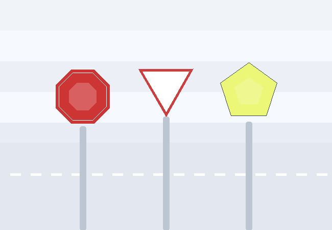 Illustration of Indiana road signs—STOP octagon, YIELD triangle, and SCHOOL ZONE pentagon—on a roadway banner for an Indiana permit test study guide.