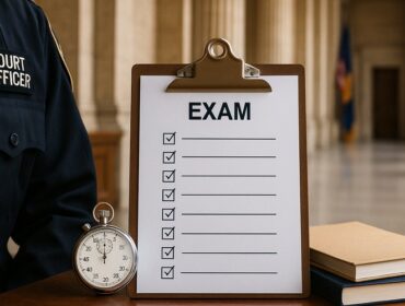 NYS Court Officer Exam study desk with books, clipboard, and practice test