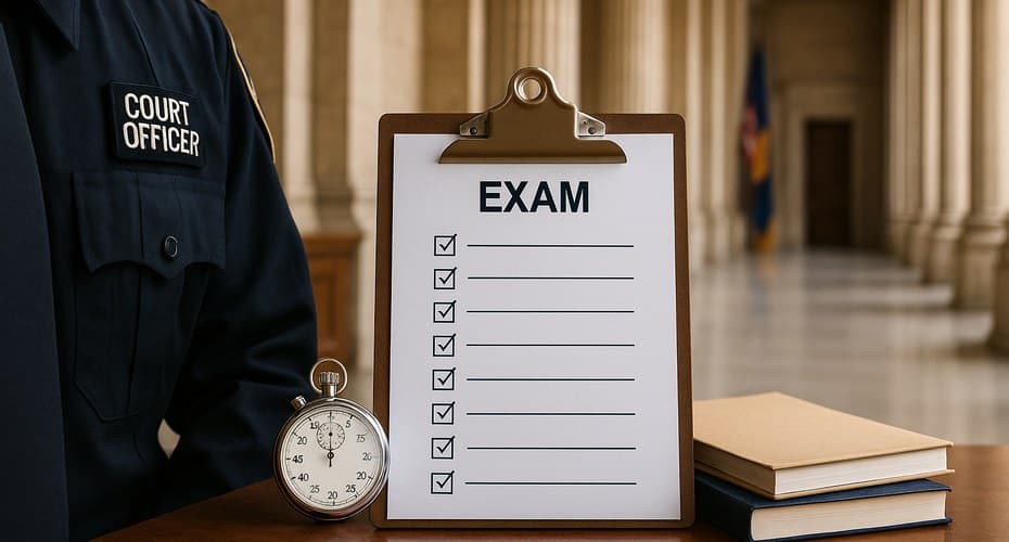 NYS Court Officer Exam study desk with books, clipboard, and practice test
