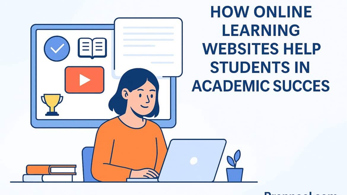 Professional digital illustration of a student using an online learning platform at a modern desk, with books and educational icons, branded with Preppool.com – highlighting how online learning websites support academic success