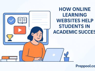Professional digital illustration of a student using an online learning platform at a modern desk, with books and educational icons, branded with Preppool.com – highlighting how online learning websites support academic success
