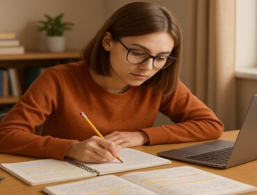 3D realistic illustration of a college student studying for midterm and final exams at a desk with laptop, notebooks, and coffee cup in a focused academic environment.