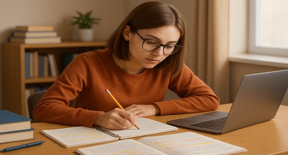 3D realistic illustration of a college student studying for midterm and final exams at a desk with laptop, notebooks, and coffee cup in a focused academic environment.
