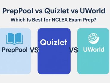 PrepPool vs Quizlet vs UWorld comparison banner for NCLEX exam prep, showing logos of the three platforms side by side with modern design.
