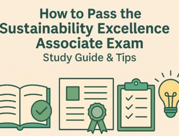 Sustainability Excellence Associate Exam Guide illustration showing books, laptop, eco icons and study checklist for exam preparation