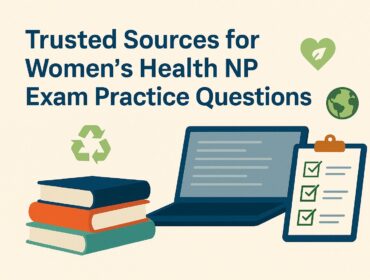 Trusted sources for Women’s Health NP exam practice questions illustration with books, laptop, and checklist icons in a healthcare theme