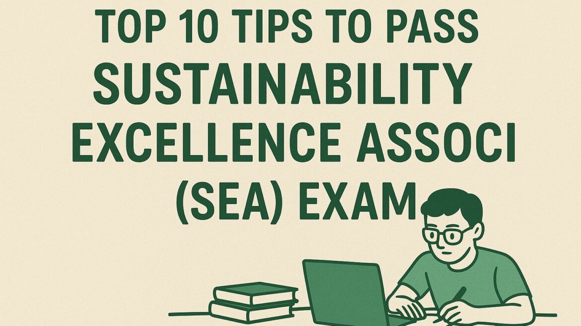 Flat-style digital illustration of a student preparing for the Sustainability Excellence Associate exam with study materials.