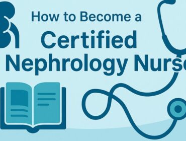 Illustration: How to Become a Certified Nephrology Nurse — kidney icon, stethoscope and open book representing study and clinical care.